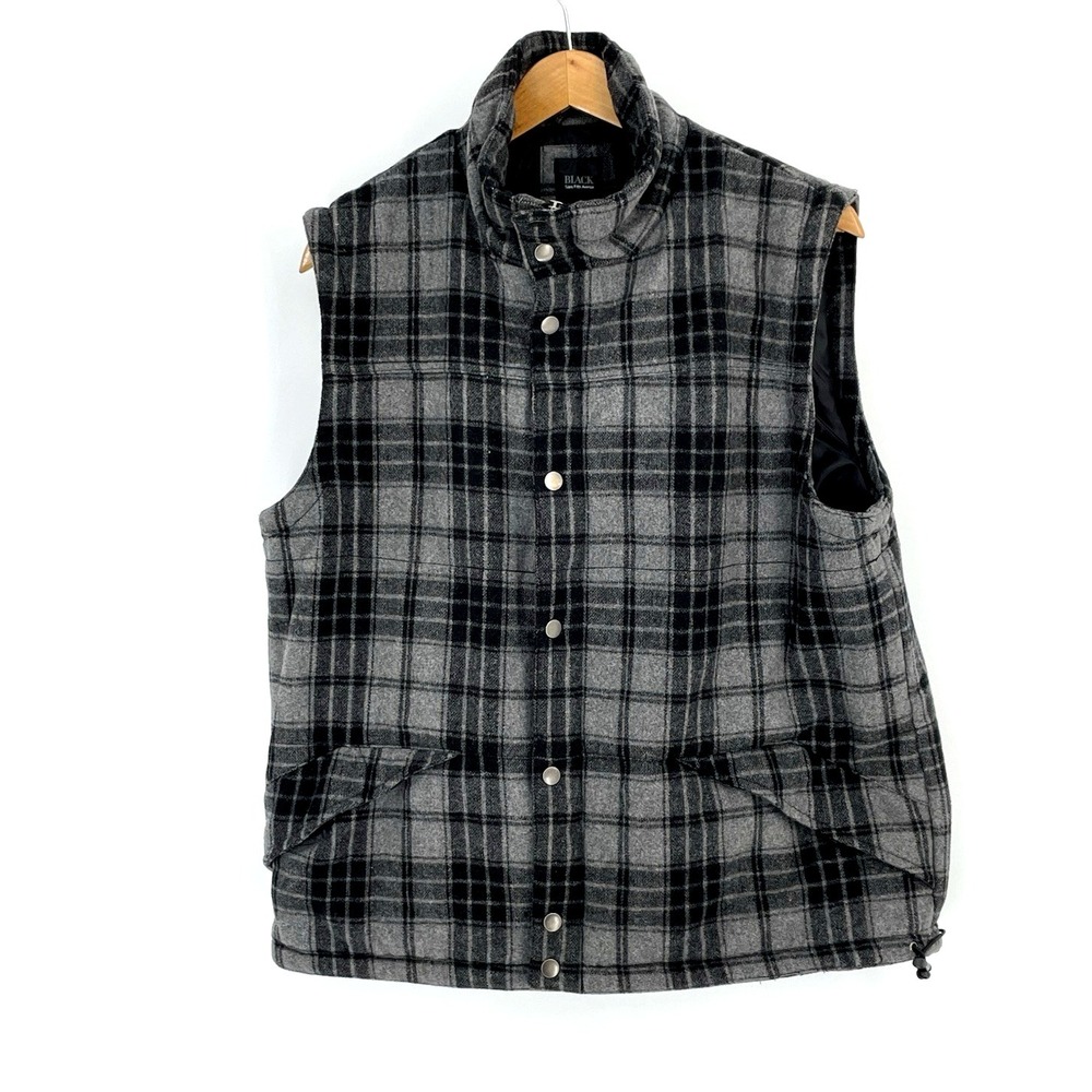 Saks Fifth Avenue Mens Large Vest Wool Blend Plaid Zip Snap Pockets Black Label